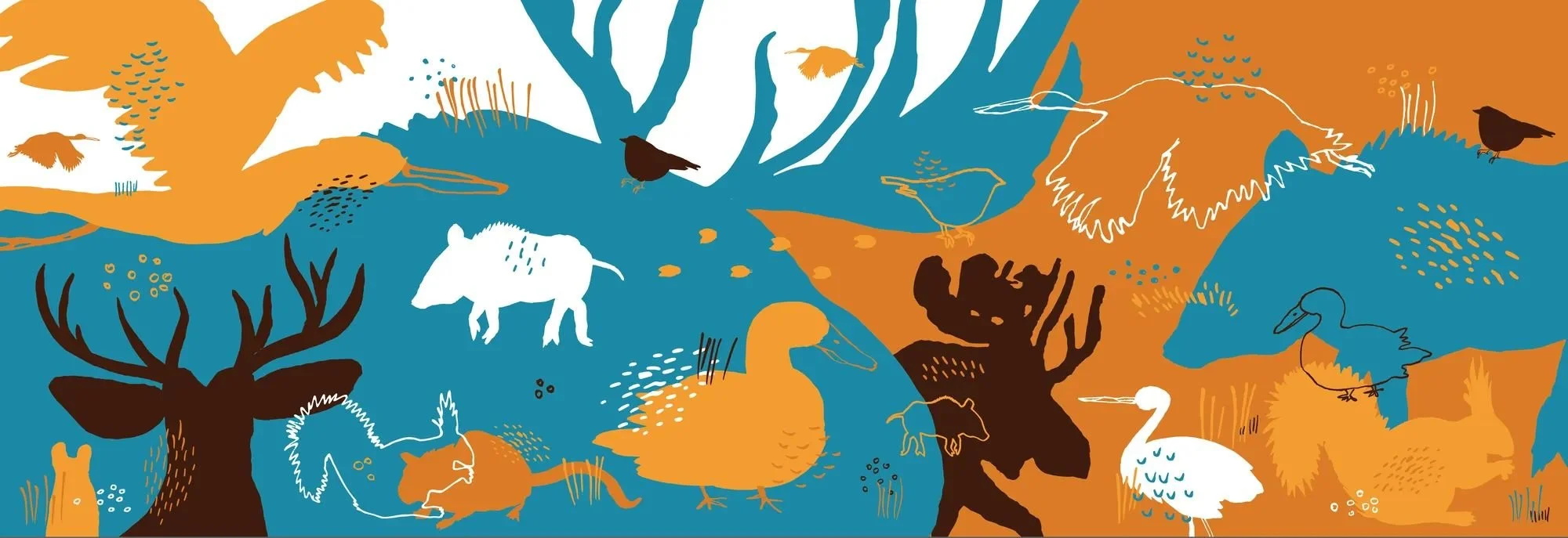 Flat mural concept illustration of forest animals - moose, deer, herons, squirrels, and birds - overlapping in abstract composition with earthy browns, orange, white, and dark teal.