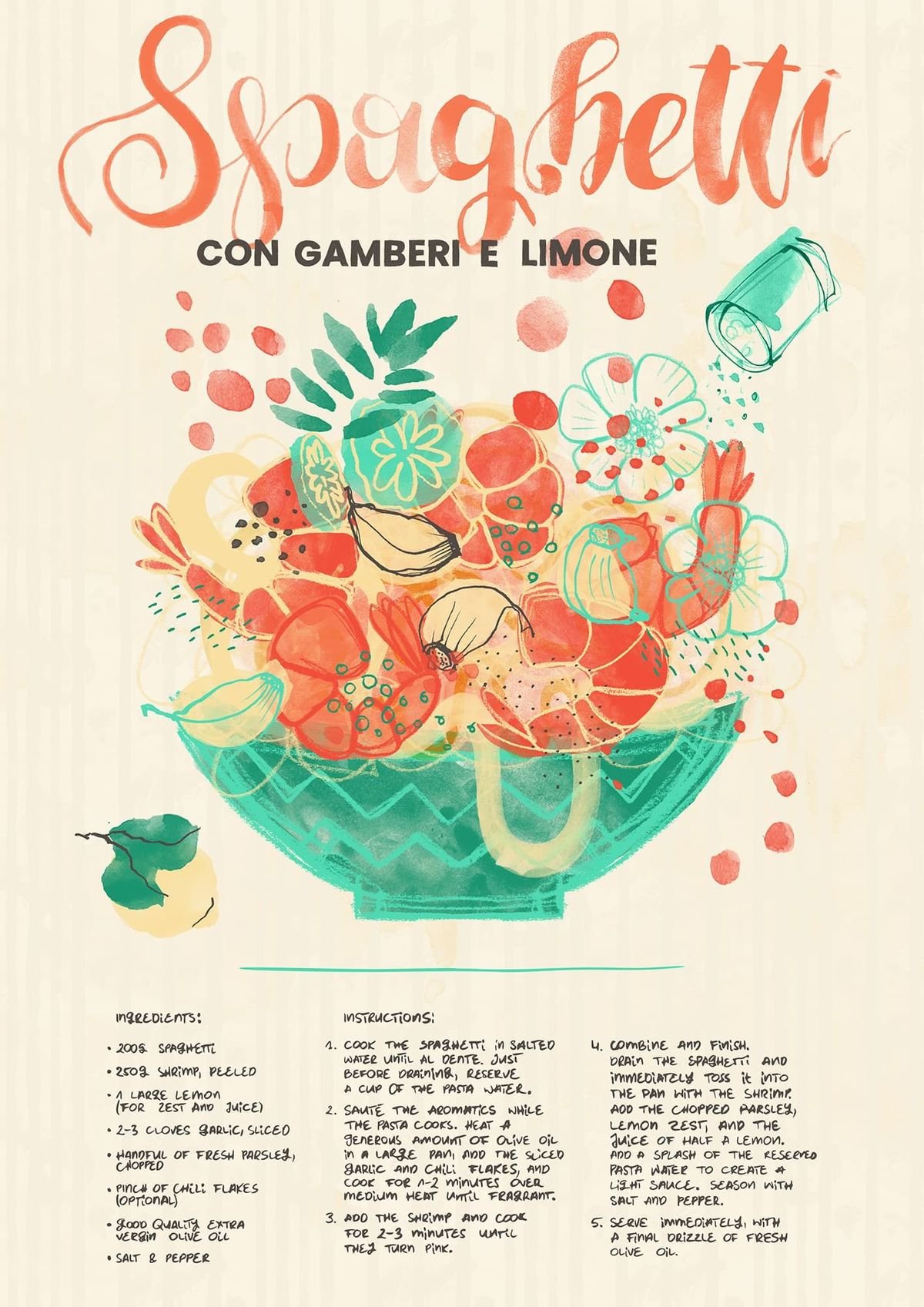 Watercolor illustration of spaghetti with lemon and shrimp - bright pastel tones, floral composition, reminiscent of a summer bouquet.