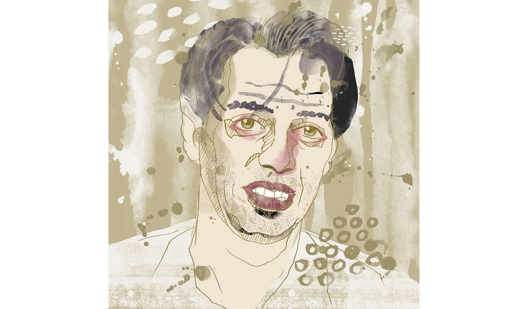 Melancholic watercolor portrait of Steve Buscemi in warm greens and reds, textured with visible brushwork and expressive ink lines.