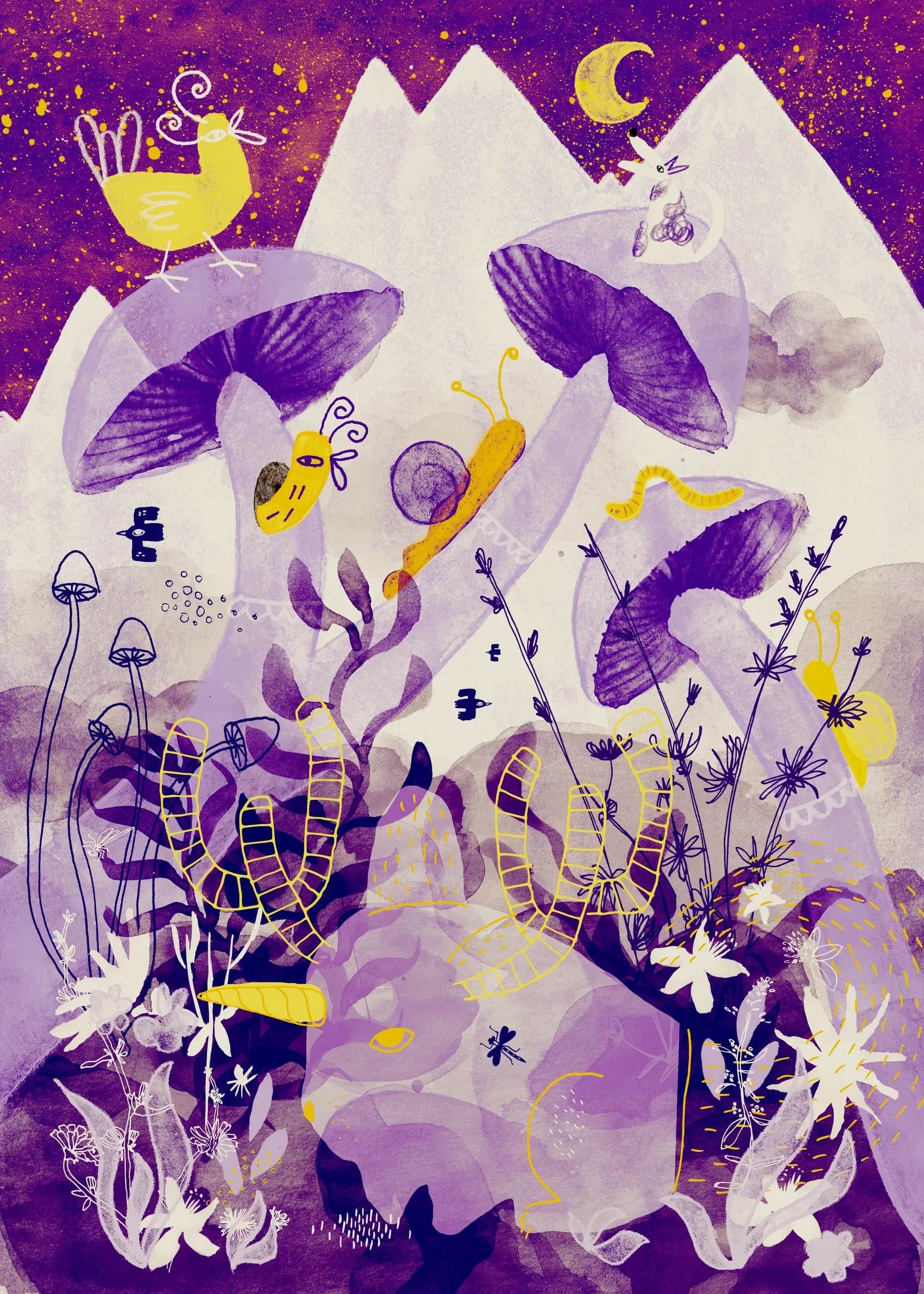 Surreal forest landscape with three towering mushrooms under a starry night sky. Birds, snails, and caterpillars inhabit the scene, while a translucent forest spirit with antlers and a unicorn horn emerges from the mist. Watercolor textures in violet