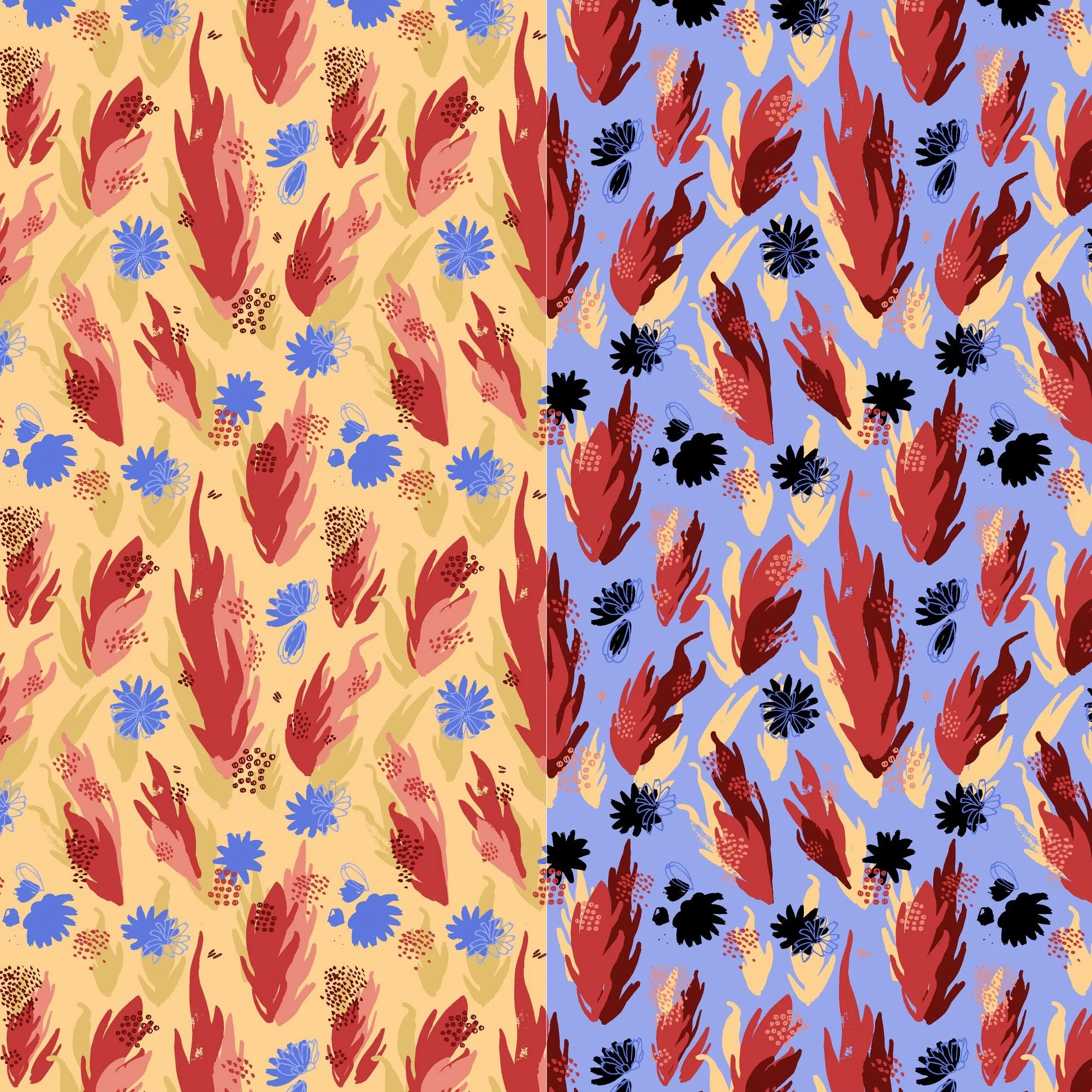Seamless botanical pattern of wild sorrel flower spikes and chicory blossoms in two colorways side by side - straw yellow with sorrel in dusty red and pale blue chicory on the left, periwinkle blue with sorrel in deep red and black chicory on the rig
