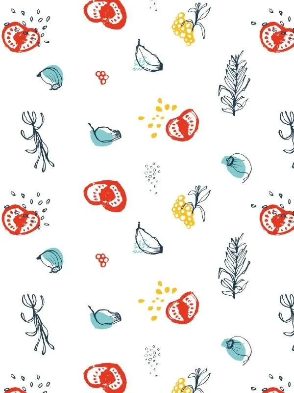 Seamless pattern with rosemary, garlic, tomatoes, and pepper on white background — red, yellow, turquoise, and indigo palette.