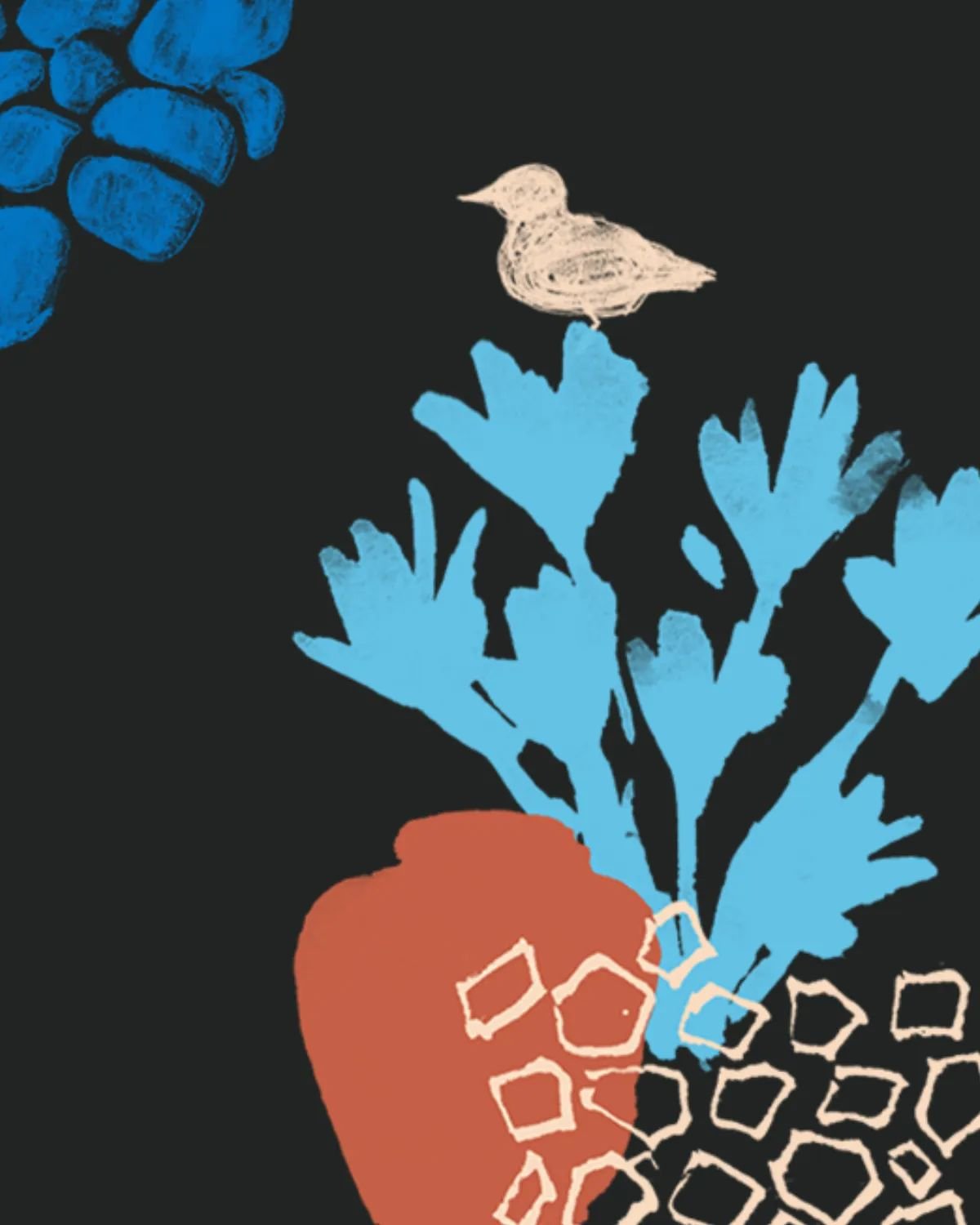 Pattern detail showing terracotta vase, stone wall texture and a bird silhouette — close-up of the Lanzarote design.