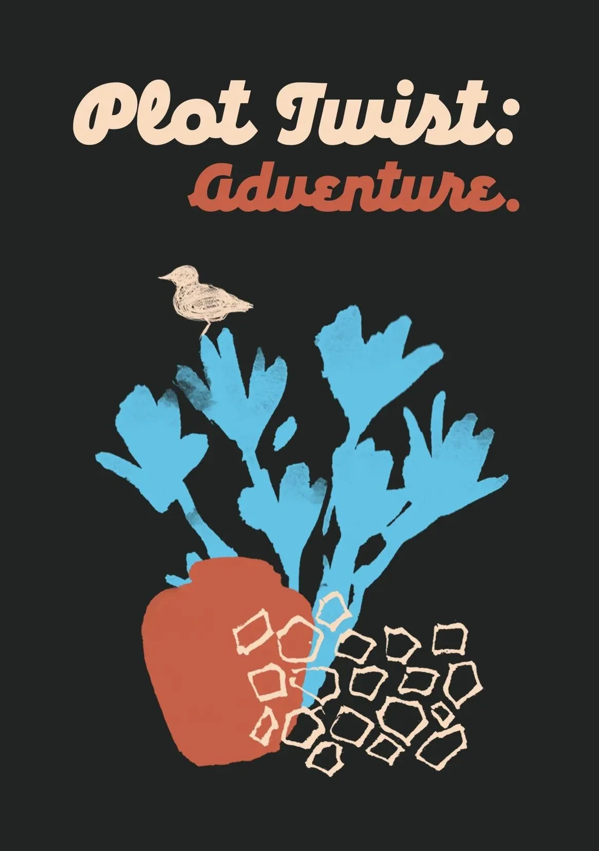Adventure card - design with elements from the Lanzarote illustration, bright terracotta and blue colors.