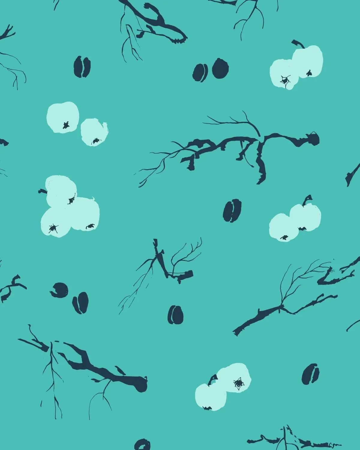 Pattern close-up with dark green background and light green apples, plums, and indigo branches — rich late-summer palette.