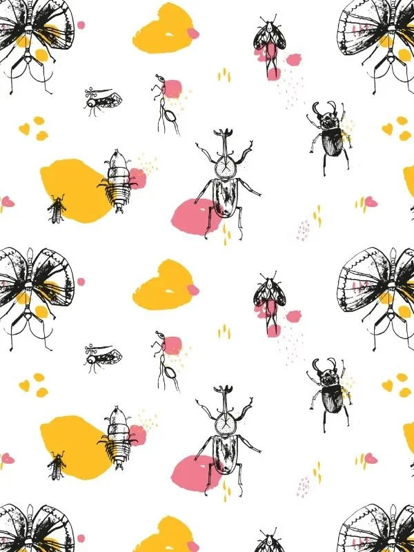 Smaller repeat of the Bugs pattern showing multiple hand-drawn insects and colored vector spots in pink and yellow.