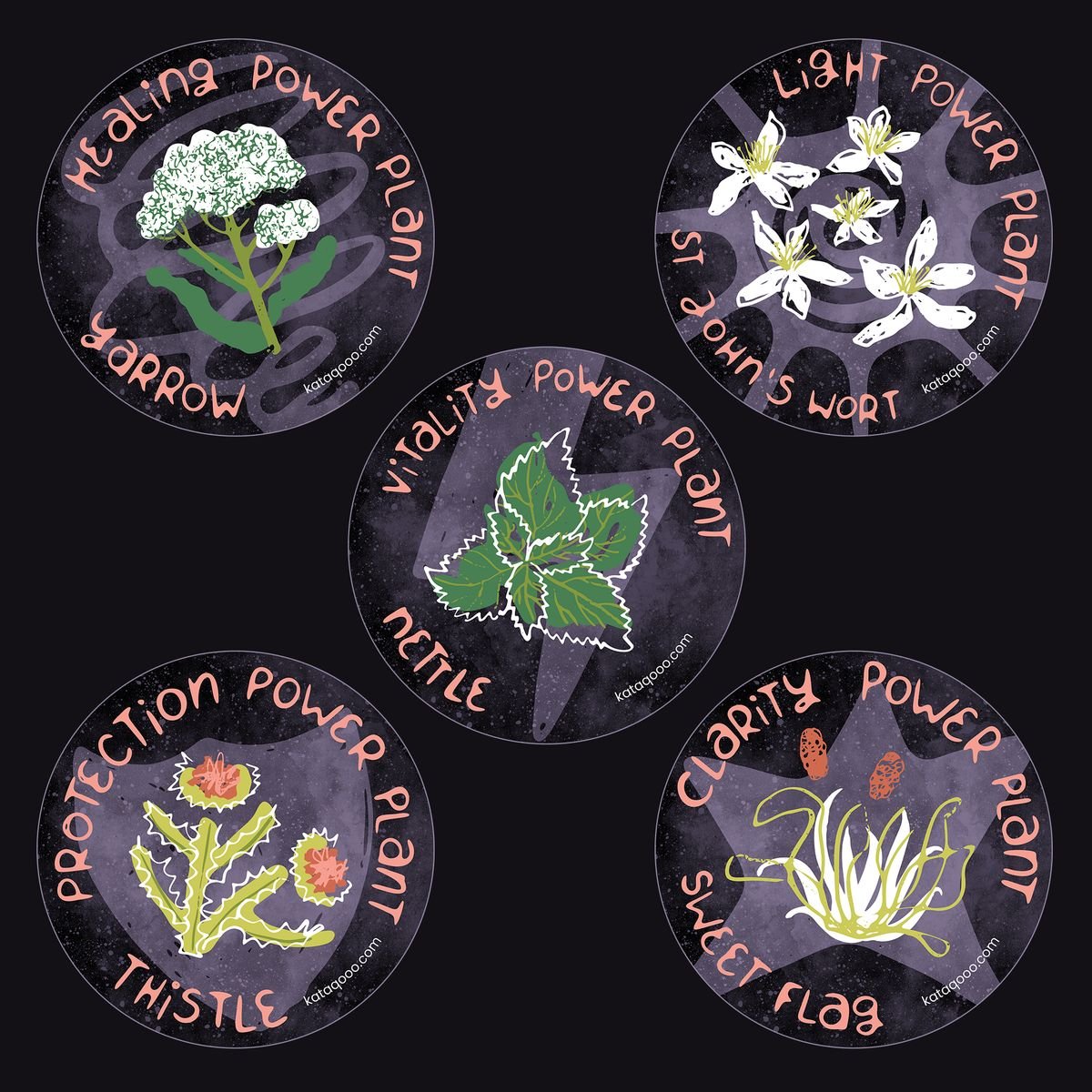 Set of five illustrated plant stickers from the Urban Herbarium series - yarrow, St John's wort, nettle, thistle and sweet flag, each hand lettered with a power word (healing, light, vitality, protection, clarity) in coral text on a muted purple and 