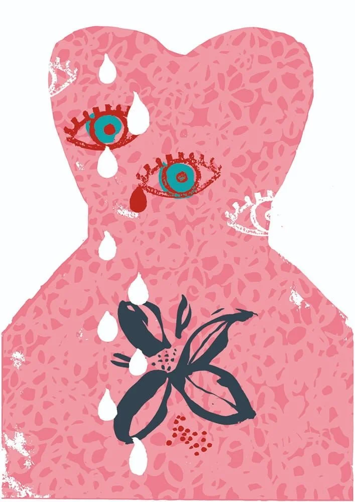 Symbolic editorial illustration addressing endometriosis - pink floral dress filled with eyes, tears, and a uterine flower motif, in turquoise and navy flat colors.