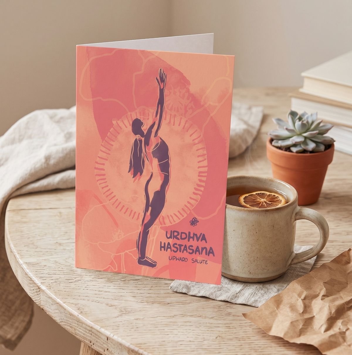 Yoga pose Urdhva Hastasana - illustration from the Surya Namaskar series in powdery pink and beige.