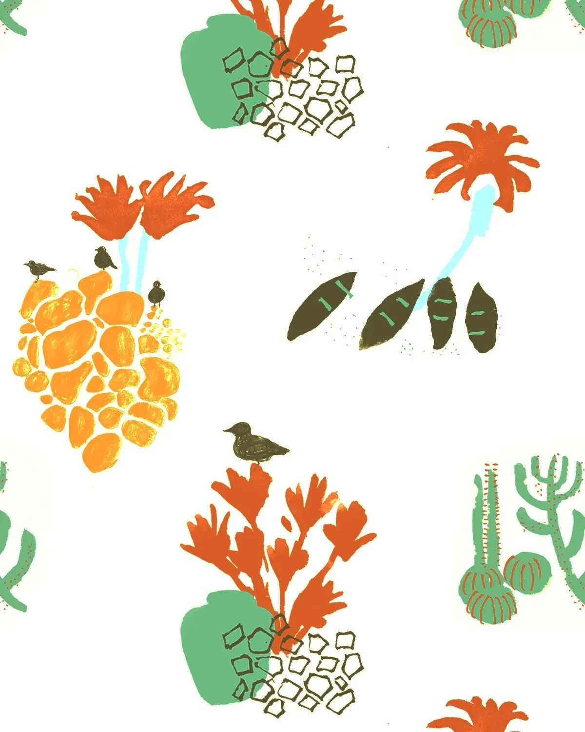 Color-inverted variant of the Lanzarote pattern on white background — oranges, greens, blues, and earthy brown-greens.