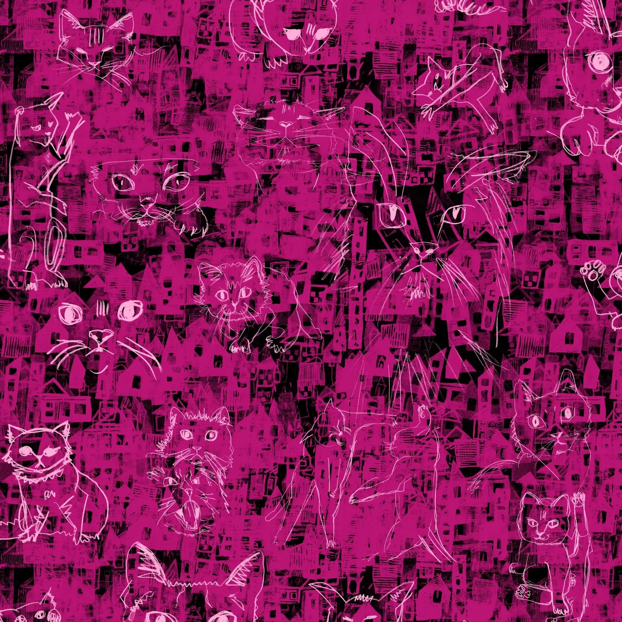 Seamless pattern of pink linocut-style houses with light pink cats on a black background - bold and textural design with playful rhythm.