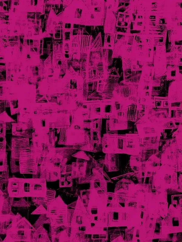 Dark version of the Cat Houses pattern - deep pink houses on black background, no cats, high contrast linocut texture.