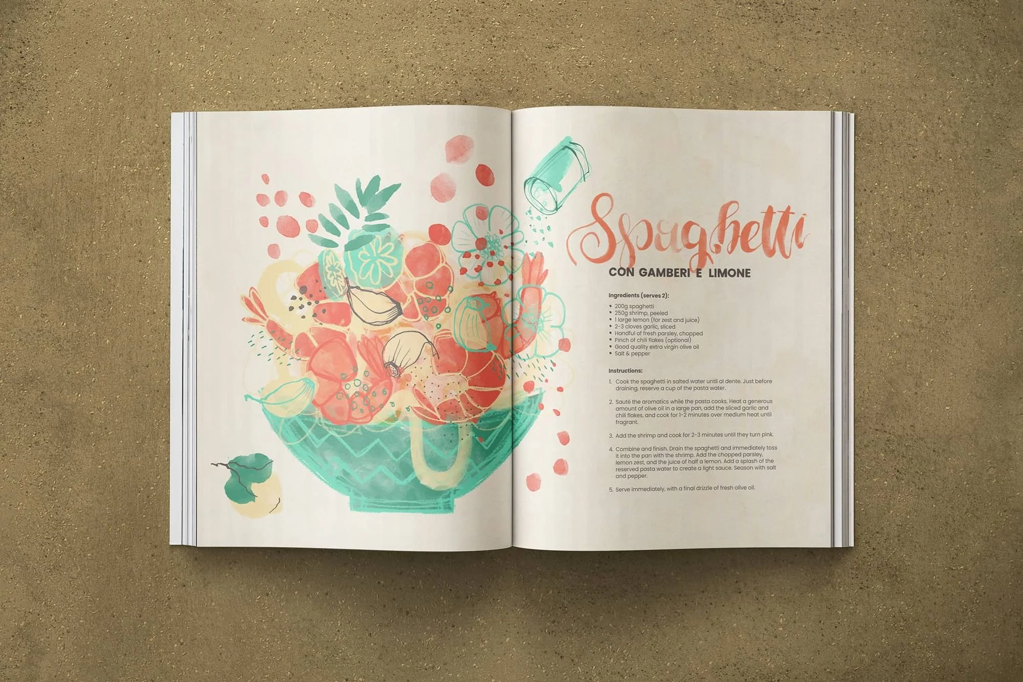 Watercolor illustration of spaghetti with lemon and shrimp — bright pastel tones, floral composition, reminiscent of a summer bouquet.