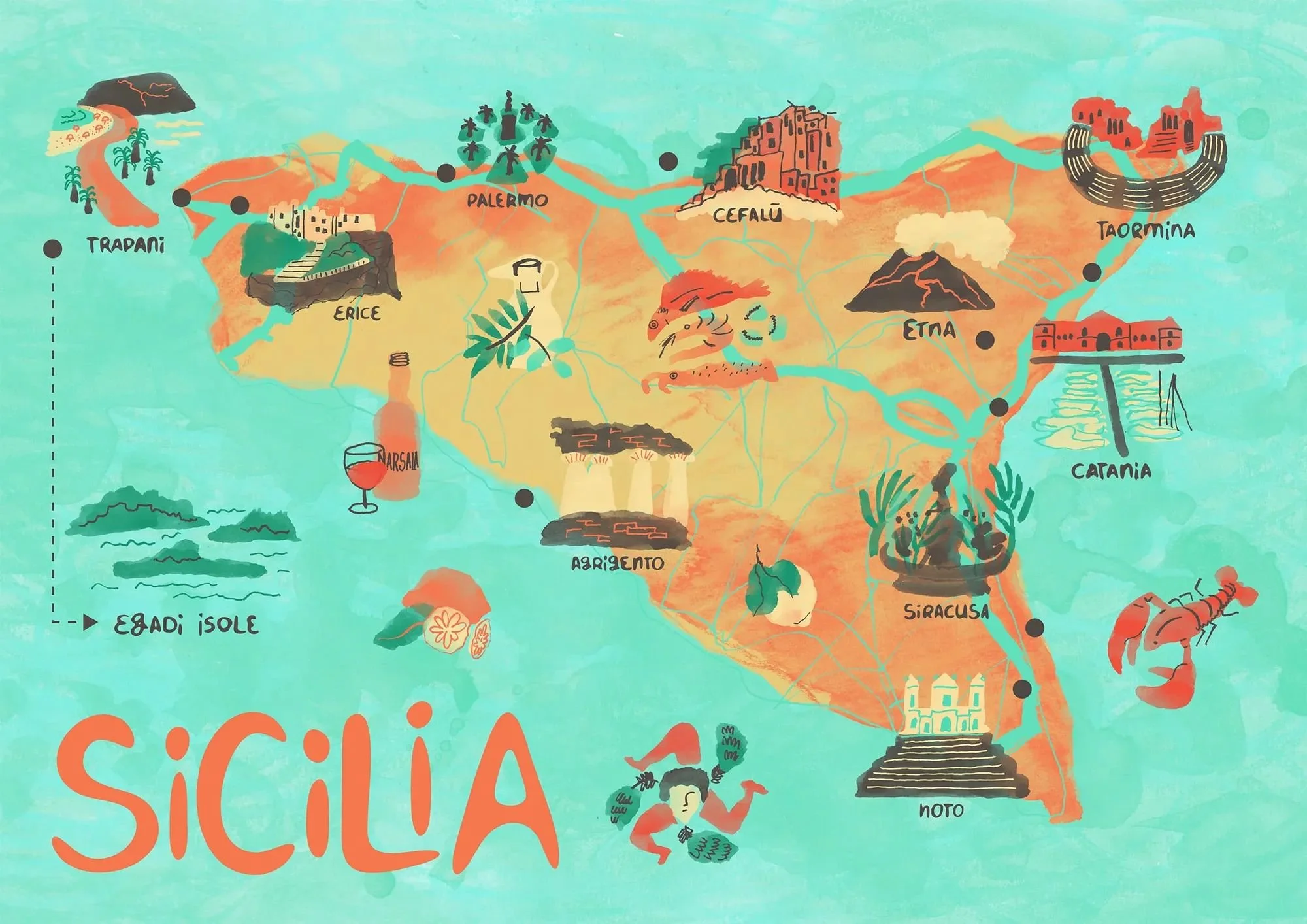Hand-painted watercolor map of Sicily in turquoise, warm red, and green tones inspired by Mediterranean light.