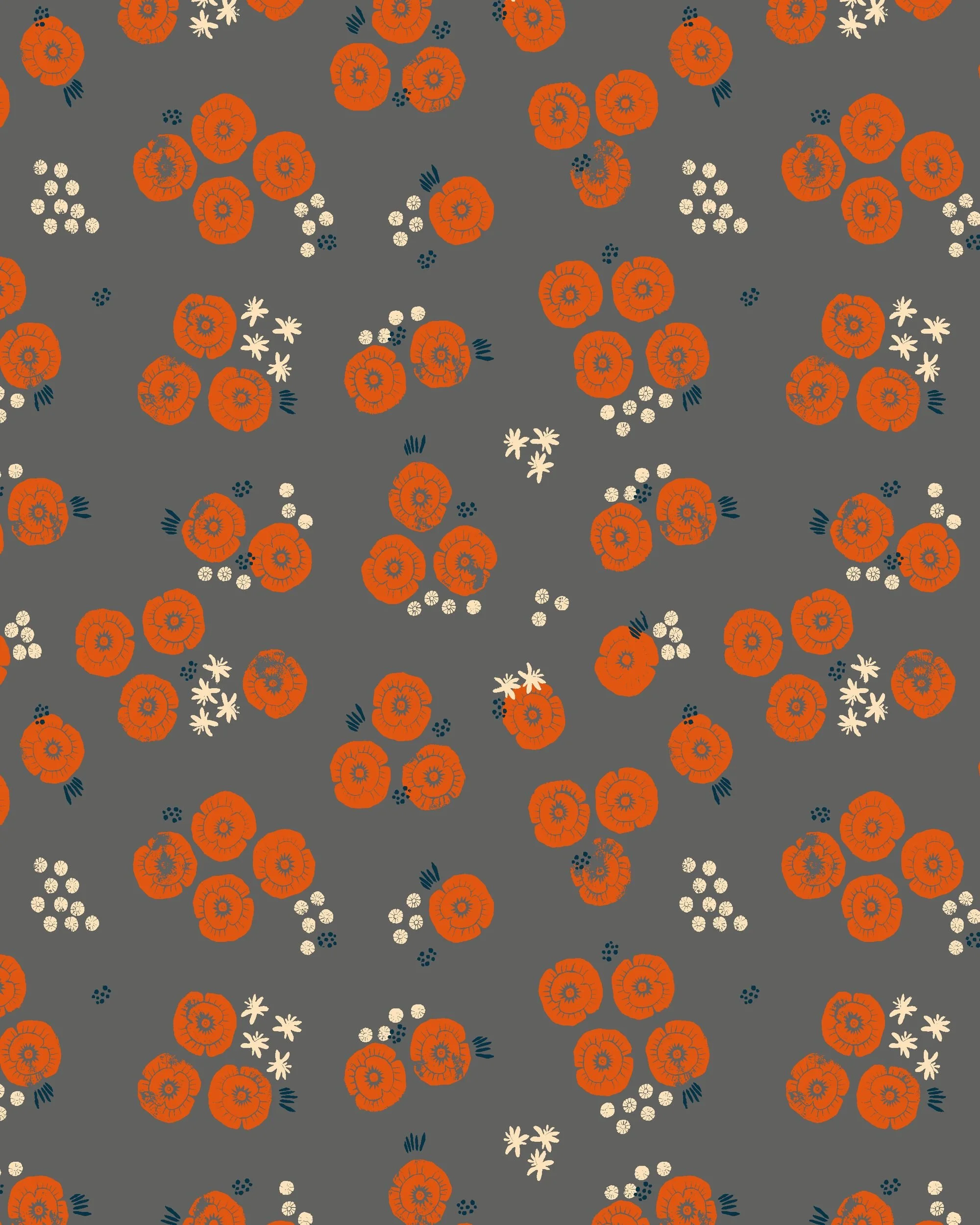 Seamless linocut-style pattern of rust orange poppies with cream and navy accent flowers, on a gray background - Spring Block Garden collection coordinate.