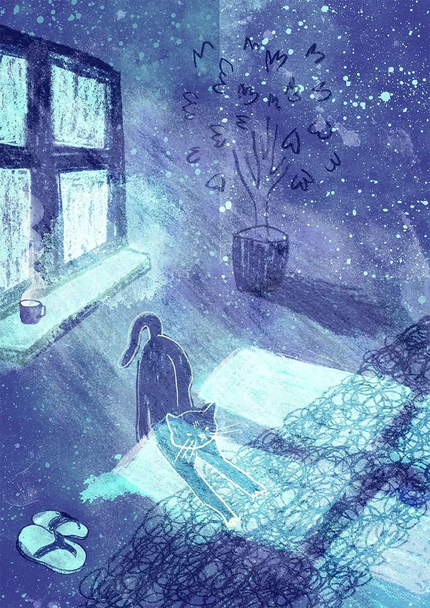 Watercolor illustration of a cat stretching in winter sunlight by a window. A potted plant and a cup on the windowsill glow in pale cyan-green light. Air is full of dancing dust and soft pastel textures of pencil and paint.