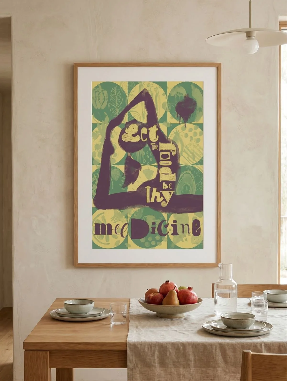 Mixed-media artwork of a yoga pose filled with collage lettering and watercolor textures - surrounded by circular patterns of fruits and seeds, evoking balance between food and body.