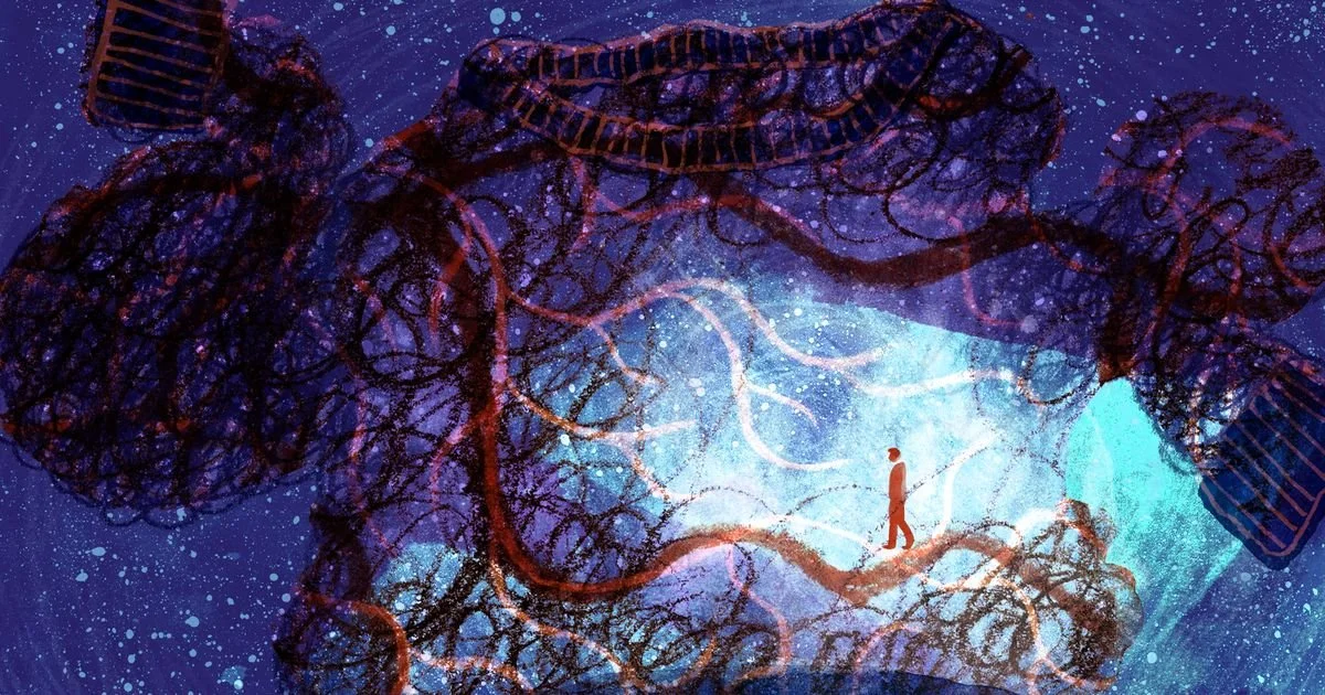 Editorial illustration for A Failure to Convalesce published in The Mortar - a small solitary figure standing in a pool of cold blue light inside a vast dark tangle of wool fibres, roots and organic forms suggesting entrapment within the body