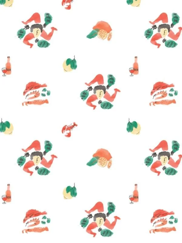 Pattern featuring Sicilian symbols - Trinacria, lemons, Marsala wine bottle and glass, and seafood elements on white background.