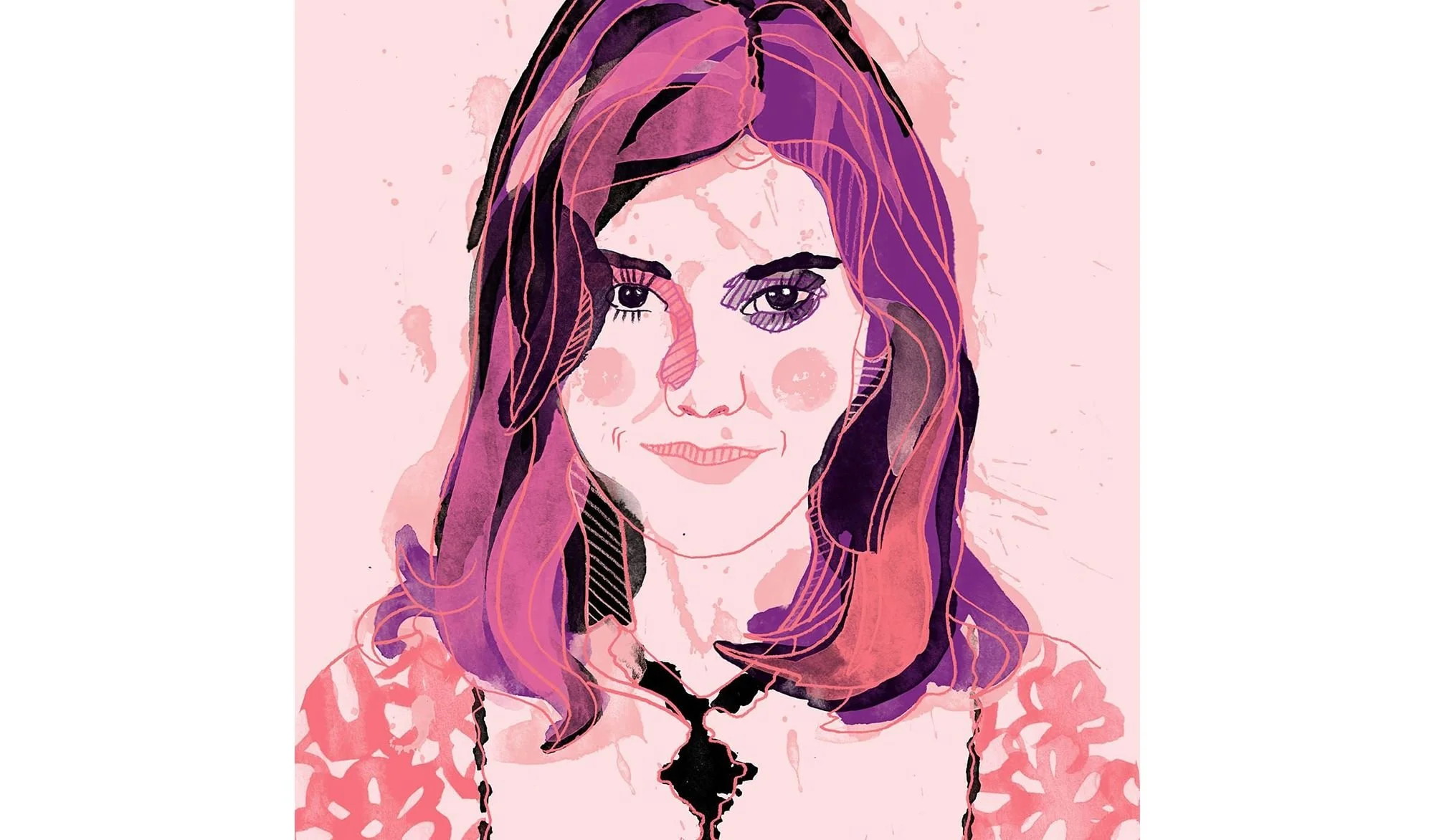 Sketchy watercolor and ink portrait in pink, violet and black tones, with expressive unfinished textures and strong hand-painted energy.
