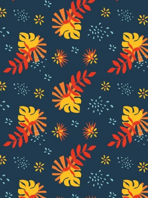 Simplified indigo-background pattern with orange, red, and yellow leaves, turquoise speckles, and small floral details.