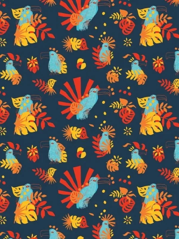 Pattern variation with swapped colors - indigo background and orange details, simplified composition with toucans and tropical leaves.