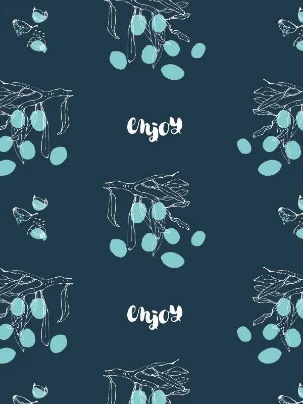 Indigo background variation with white “enjoy” lettering and olive branch — fresh and graphic look.