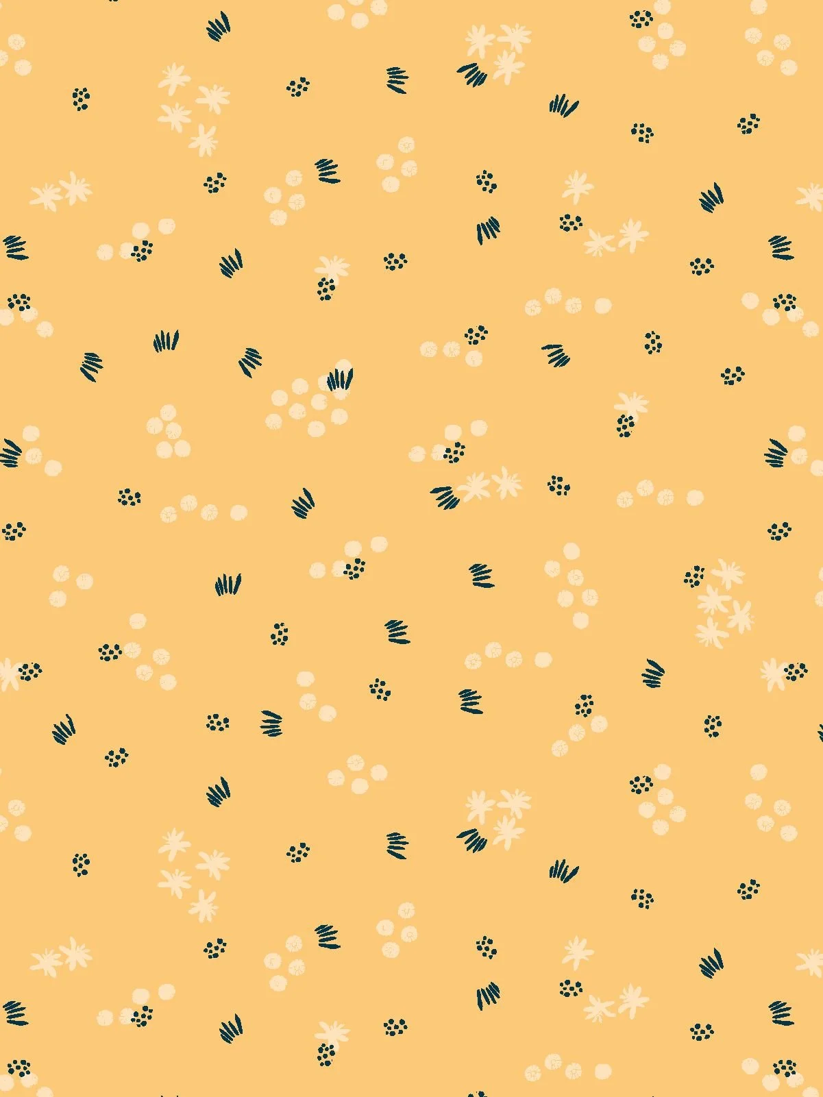 Small-scale ditsy pattern of cream dots and navy grass-like marks, on a golden yellow background - Spring Block Garden collection coordinate.