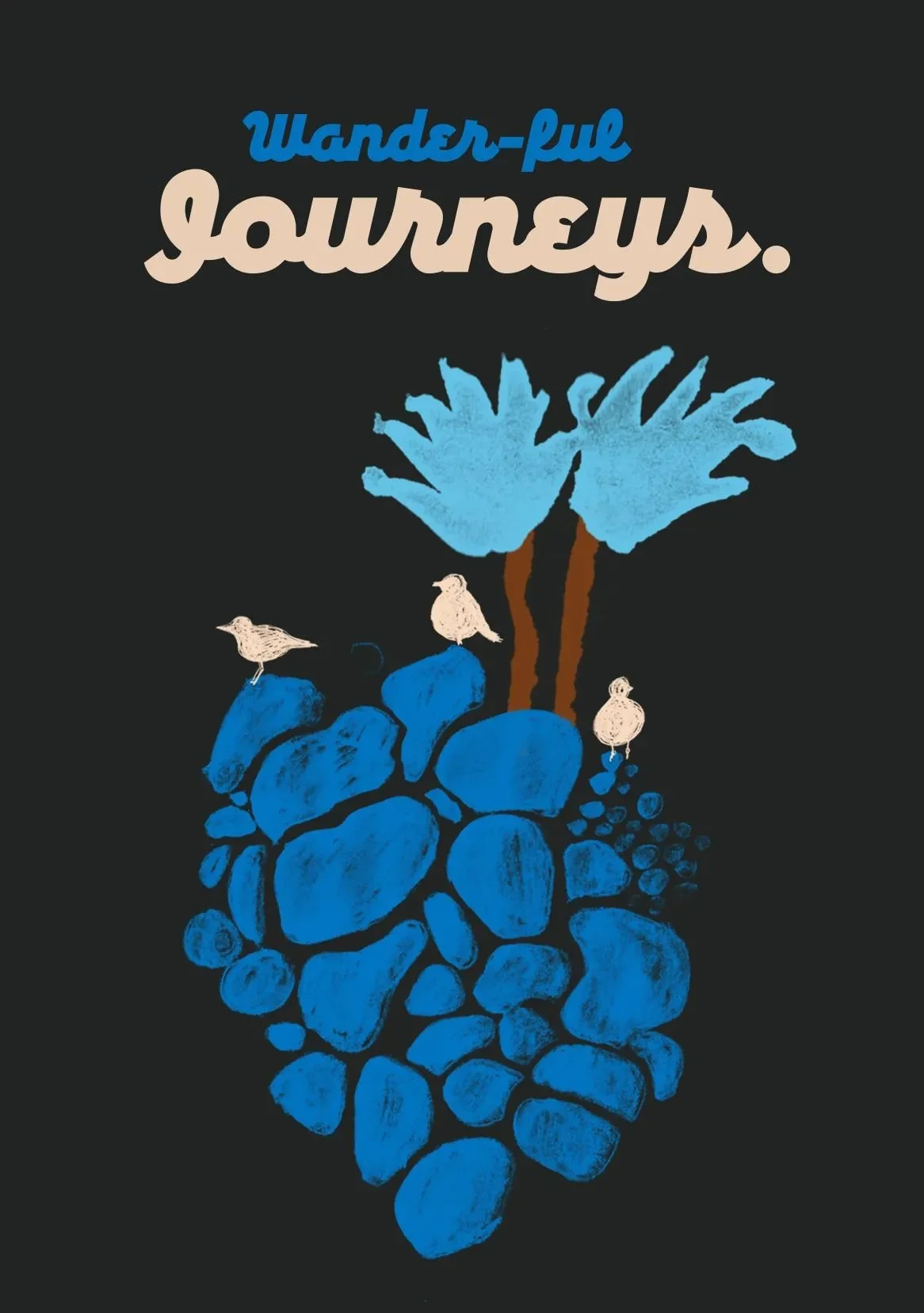 Wonder-ful Journeys card - Lanzarote-inspired scene with rocks, palm trees and birds on dark background.