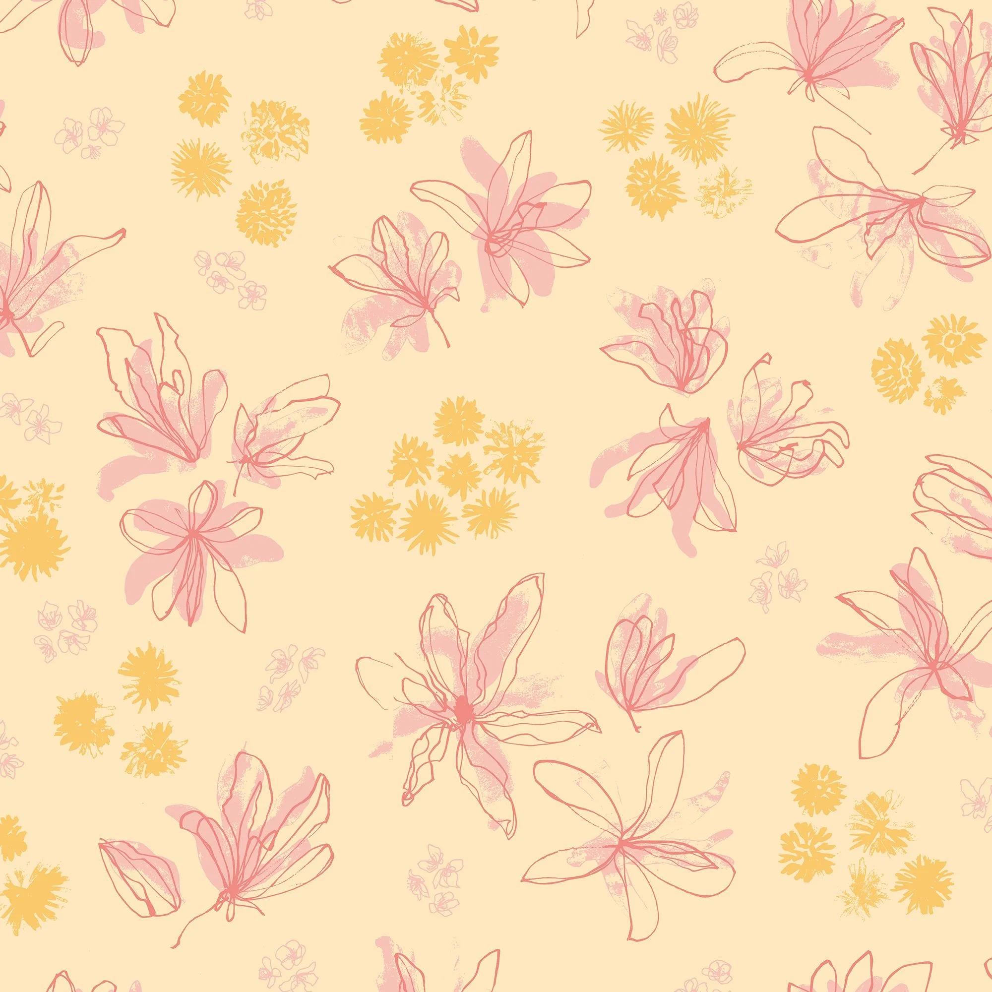 Seamless botanical pattern of loosely sketched magnolia and dandelion flowers in dusty rose and golden yellow, scattered across a warm cream background - Early Flowers collection hero print.