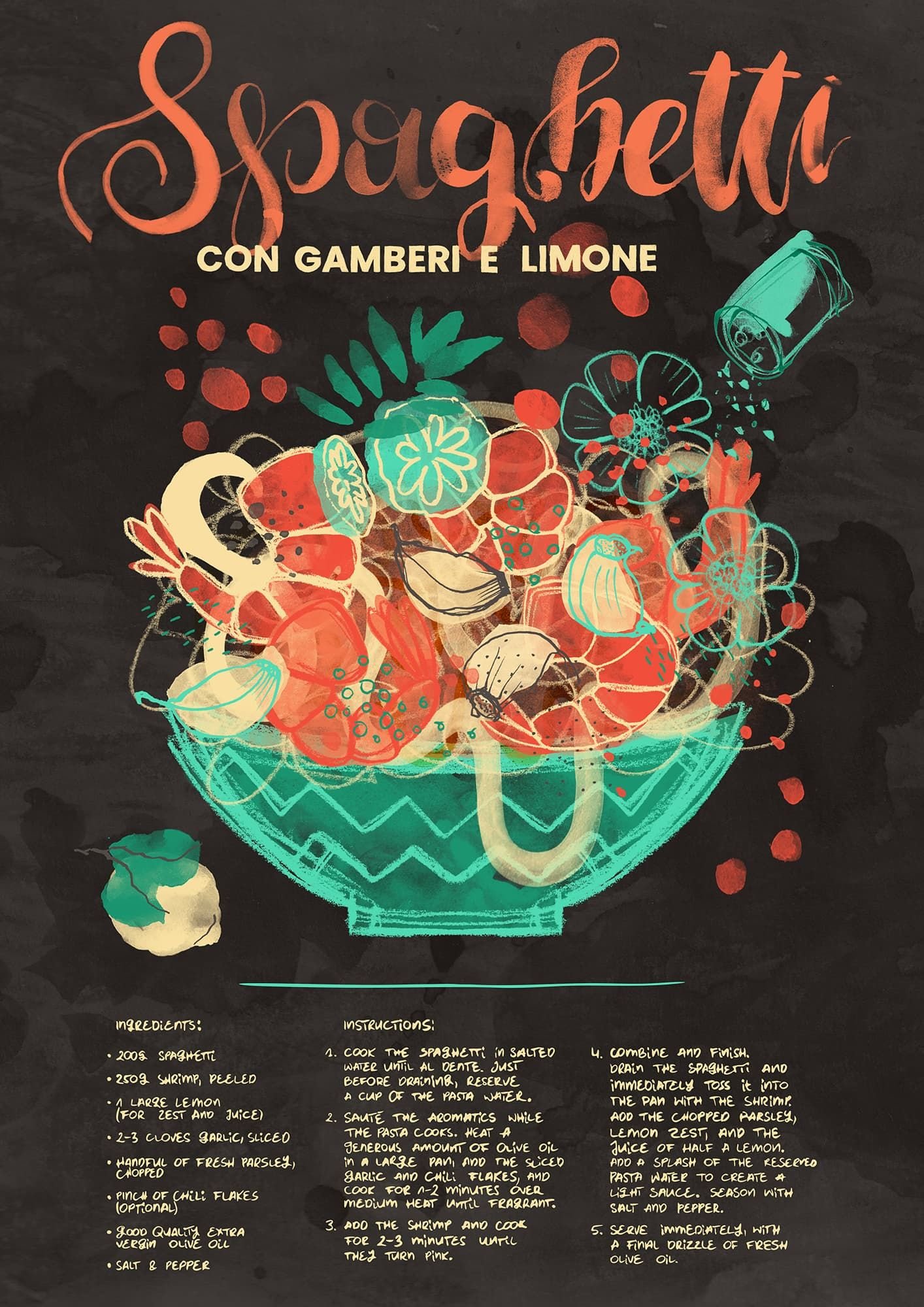 Dark version of watercolor illustration of spaghetti with lemon and shrimp — warm golds, soft greens, and gentle texture.