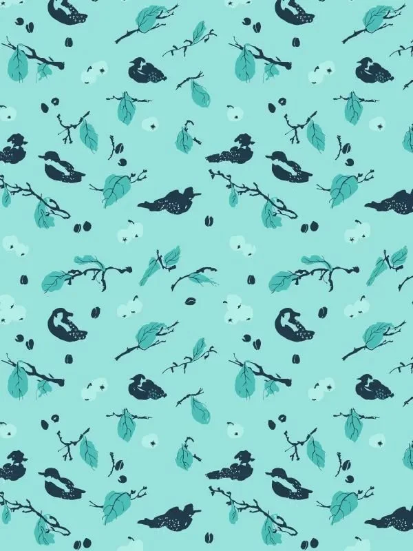Classic version of the “Harvest in My Garden” pattern with light green background and indigo plums and birds — full repeat.