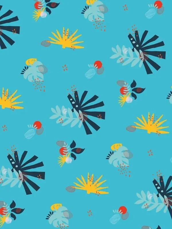 Simplified version on turquoise background with light leaves and red details — airy and graphic interpretation.