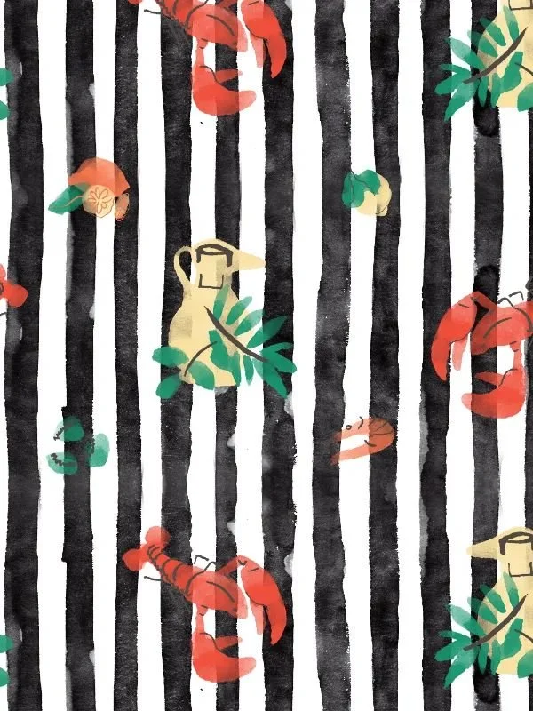 Seamless pattern variation with dense black stripes, red lobsters, shrimp, olive branches, and seashells - graphic rhythm inspired by Sicilian markets.