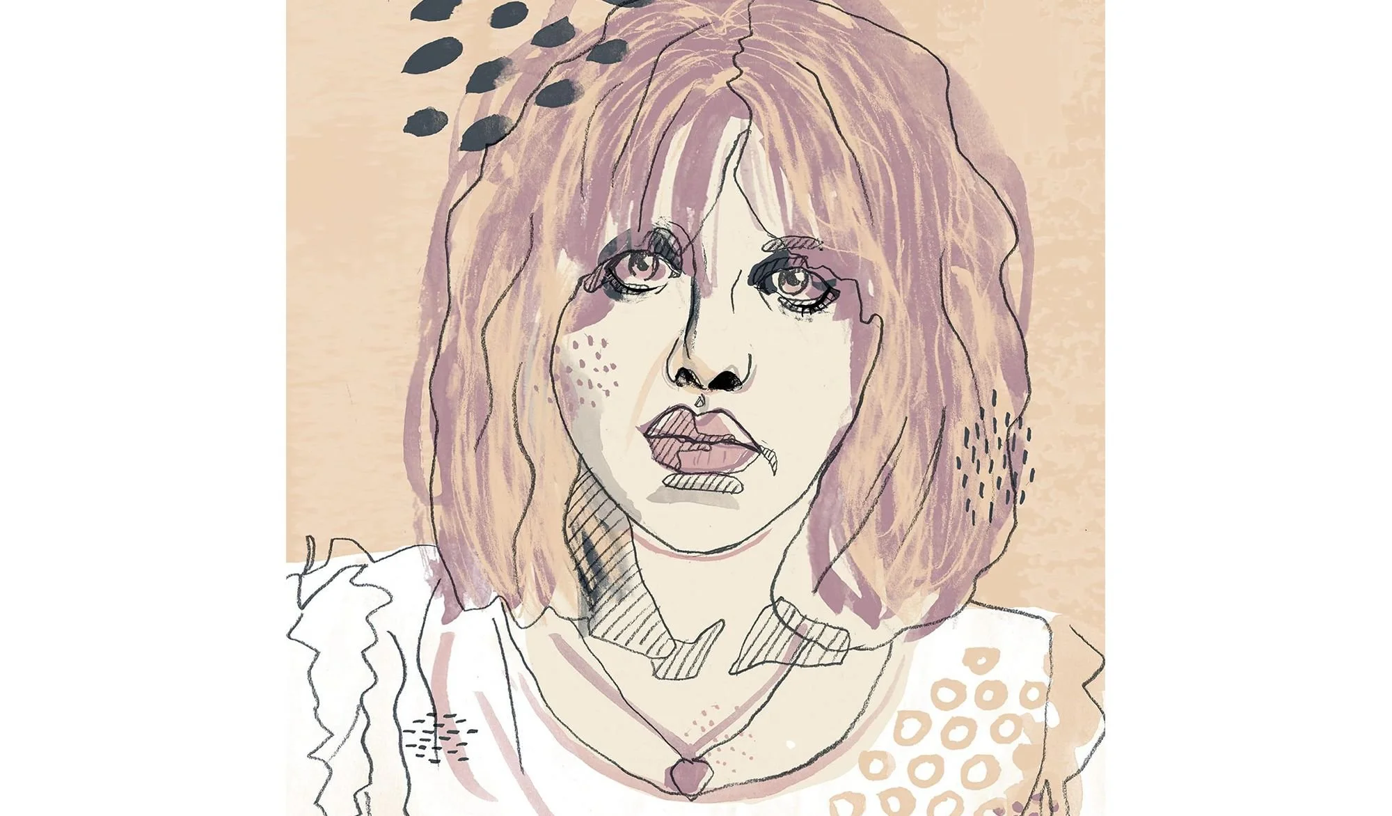 Delicate watercolor portrait of Courtney Love in pale pink and beige tones, with large eyes and subtle ink details giving a quiet, intimate feeling.