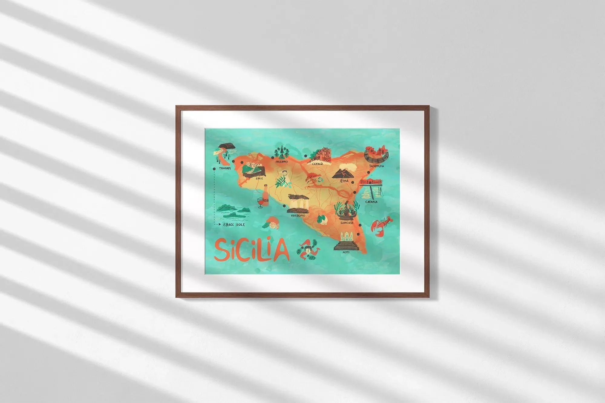 Hand-painted watercolor map of Sicily in turquoise, warm red, and green tones inspired by Mediterranean light.