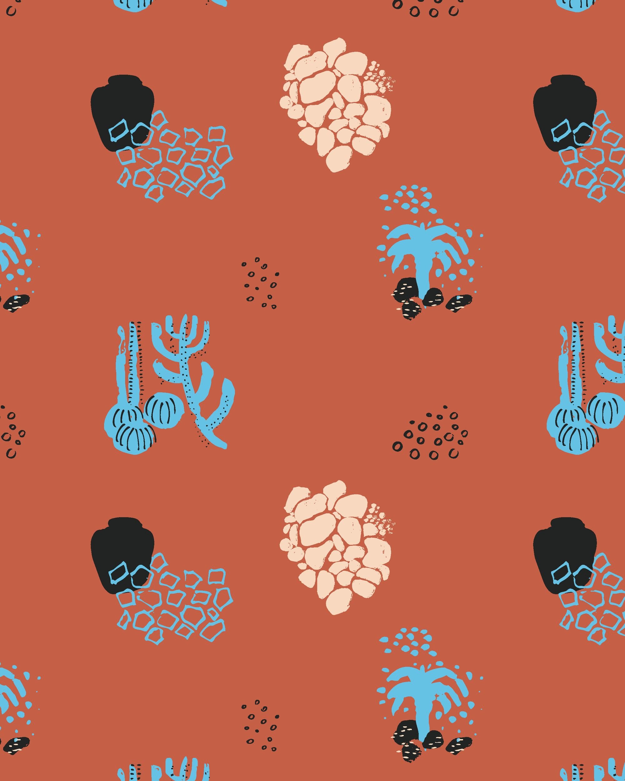 stylized volcanic island botanical seamless pattern inspired by lanzarote landscape