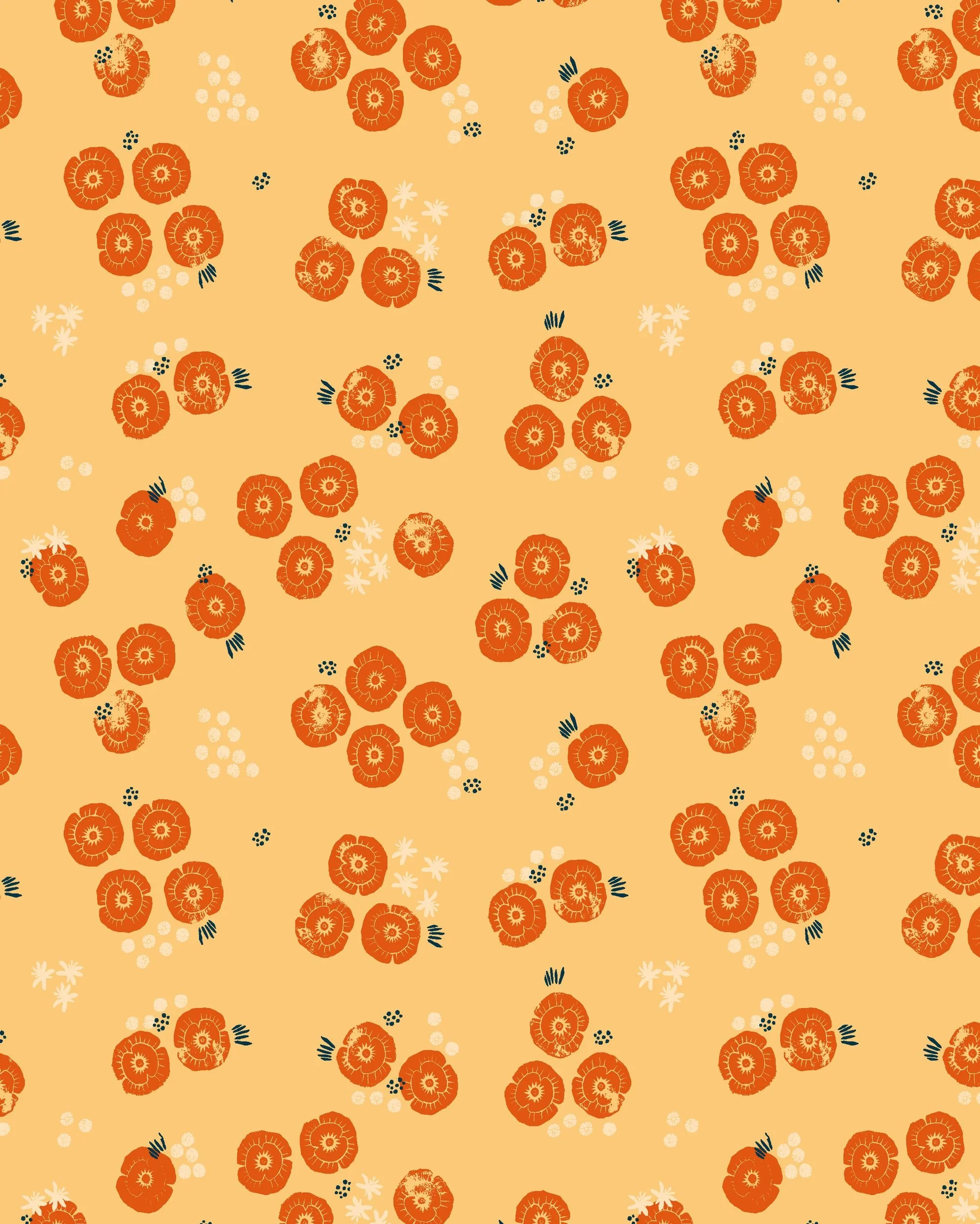 Seamless linocut-style pattern of rust orange poppies with small cream and navy accents, on a tonal golden yellow background - Spring Block Garden collection coordinate.