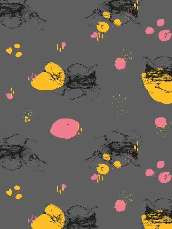 Single insect variation with steel gray background and colorful vector overlays — delicate balance of texture and simplicity.