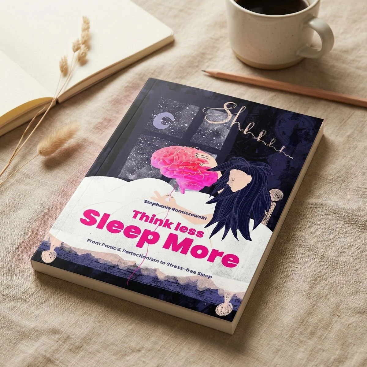 Book cover illustration for Think Less Sleep More by Stephanie Romiszewski - mixed media artwork showing a dark-haired figure lying in bed, holding a pink brain, with a night window and knitted texture details