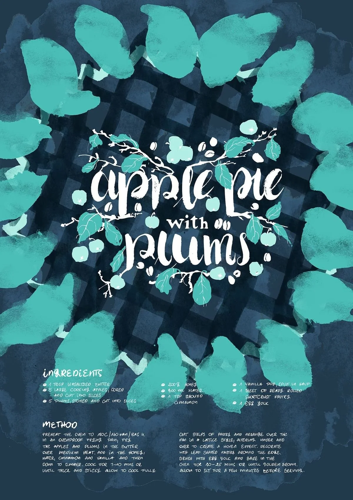 Watercolor illustration of apple and plum pie - deep blue background with green late-summer tones and textured brushwork.