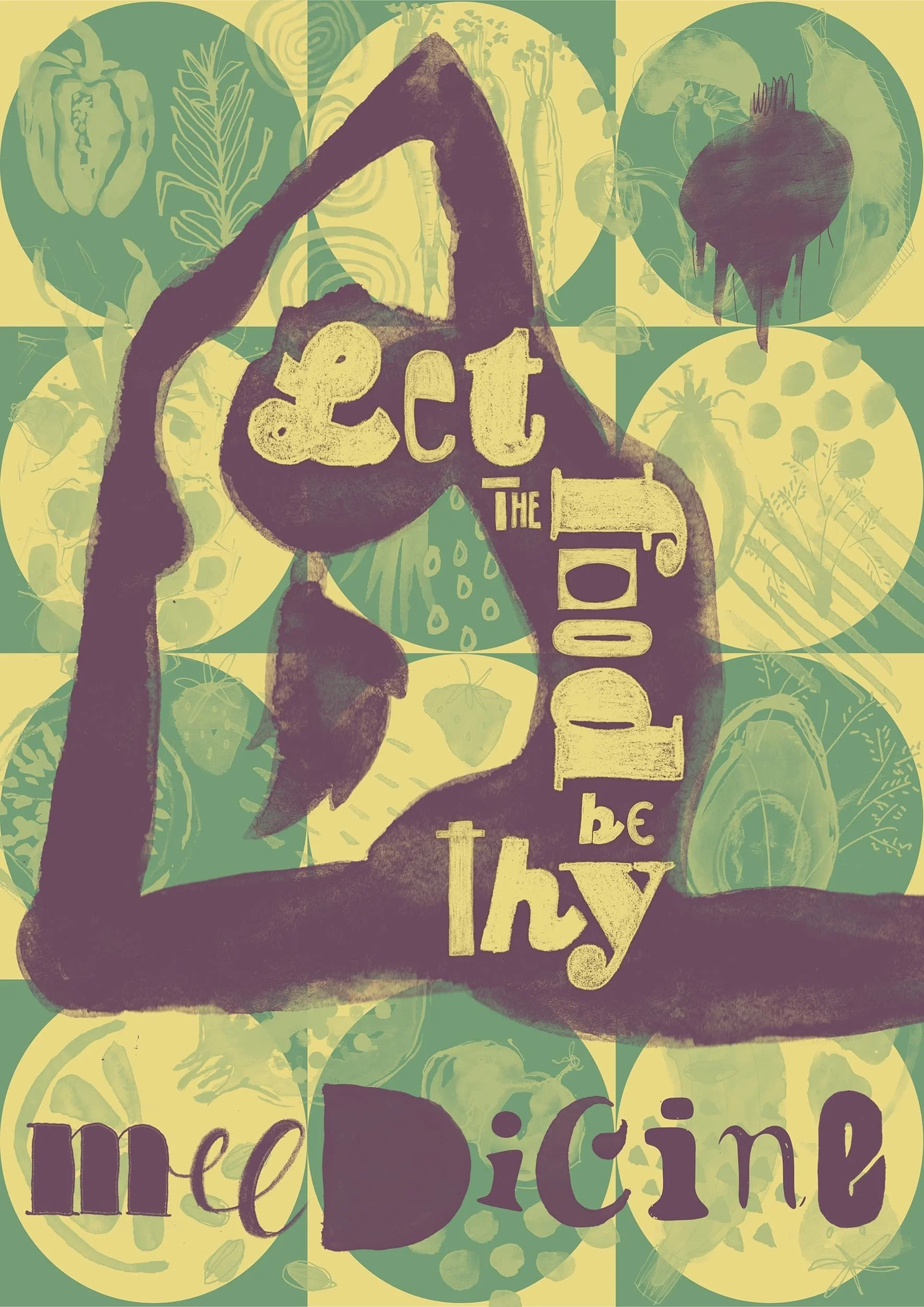 Mixed-media artwork of a yoga pose filled with collage lettering and watercolor textures - surrounded by circular patterns of fruits and seeds, evoking balance between food and body.
