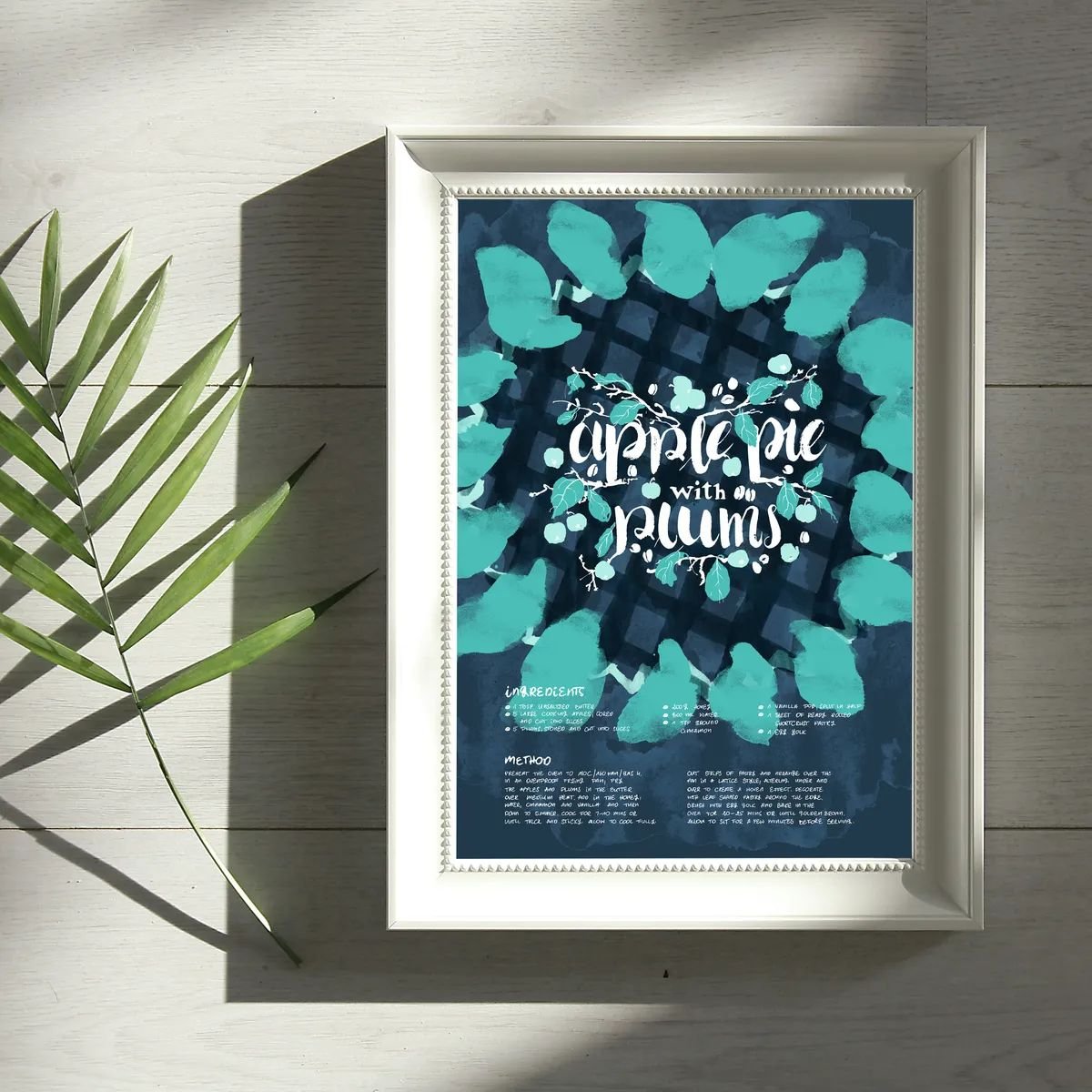 Framed art print of “Apple Pie with Plums” - watercolor texture in deep navy and green late-summer tones.