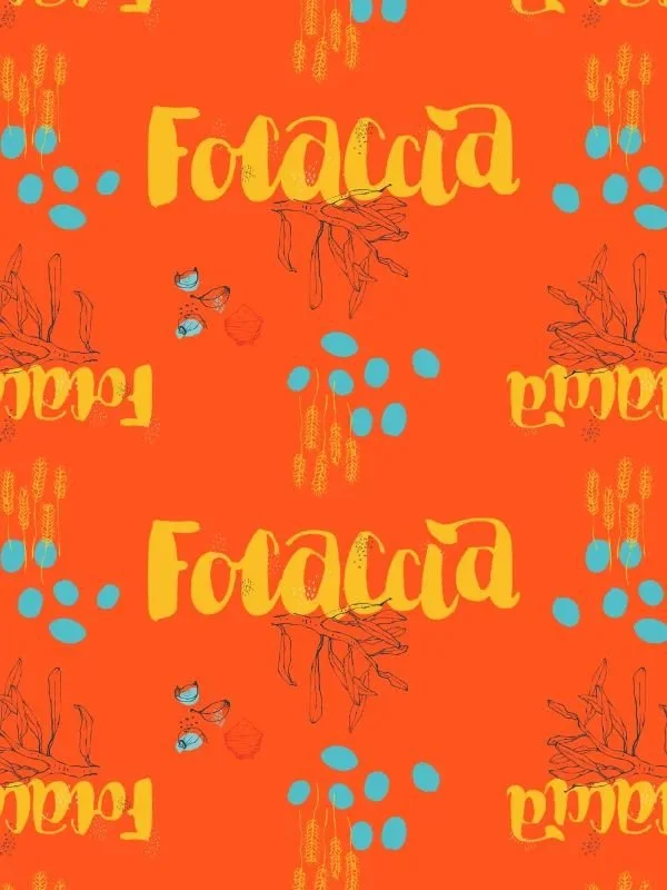 Pattern variation showing repetition of the red-orange version with hand-lettered “focaccia” and olive motifs.