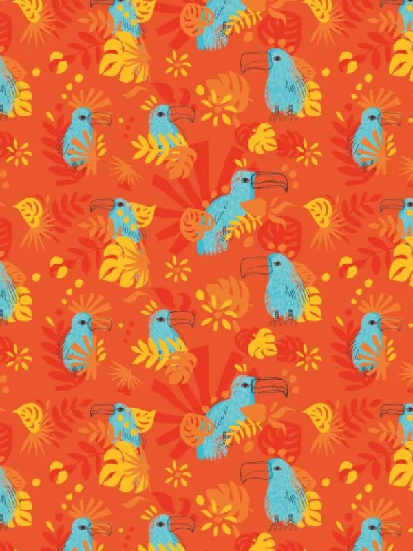 Pattern with orange background, turquoise toucans, and warm tropical leaves in red, orange, and yellow.
