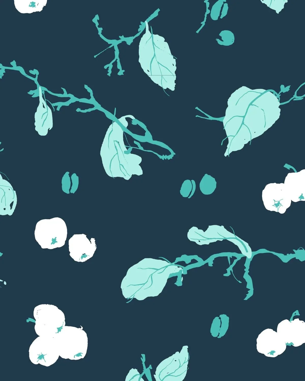 Pattern close-up with indigo background, pale green leaves, dark branches and plums, white apples — cool, calm variation.