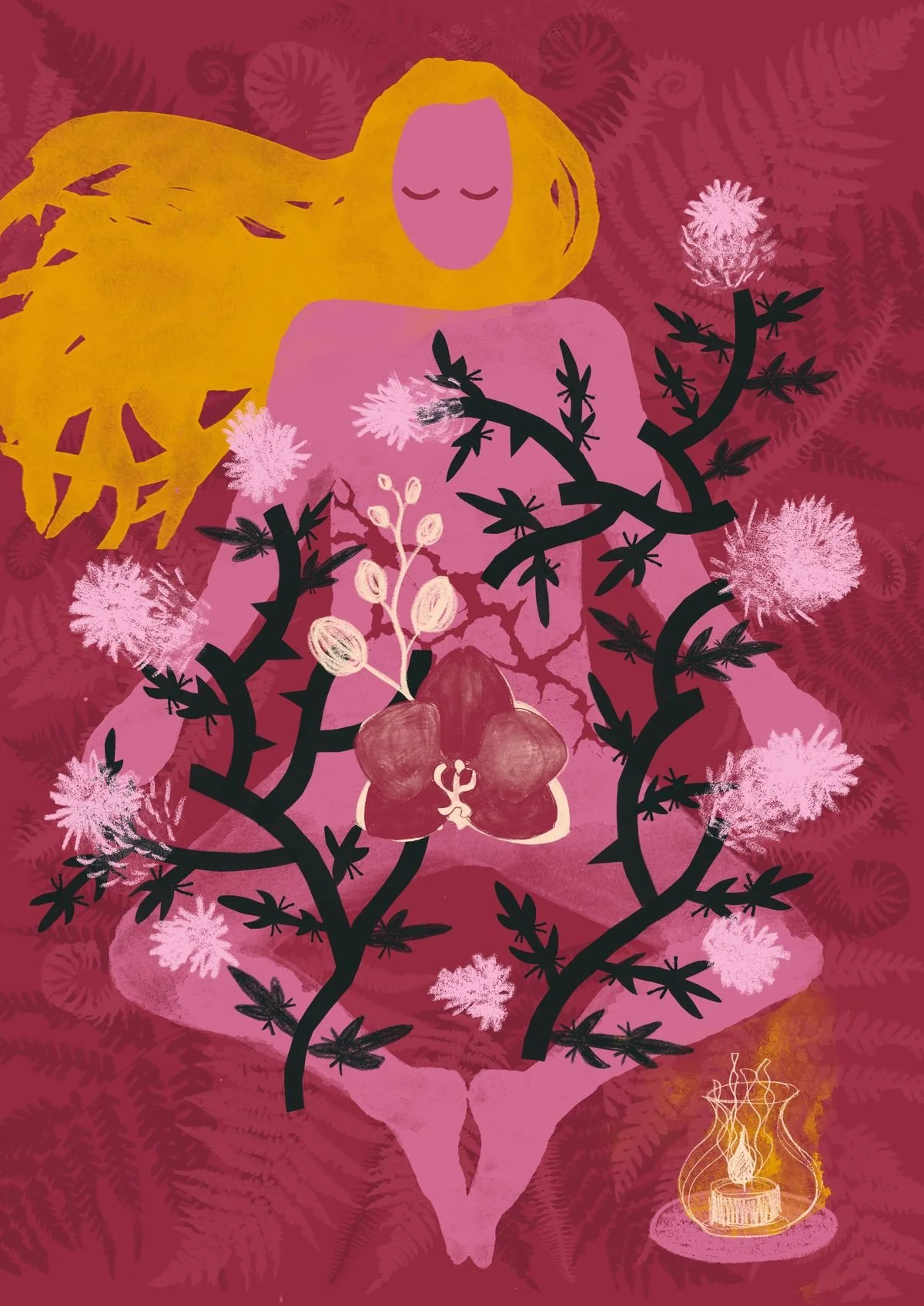 Mixed-media artwork exploring self-care, vulnerability, and inner strength. Created with watercolor, pencil, ink, and paper cutouts, it visualizes acceptance and healing through symbolic natural forms - calmness growing from imperfection.