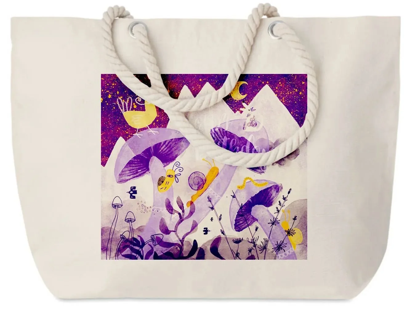 Beach bag featuring fragment of the “Tales of the Uncanny” illustration — sky, mountains, and mushrooms in cool violet and yellow tones.