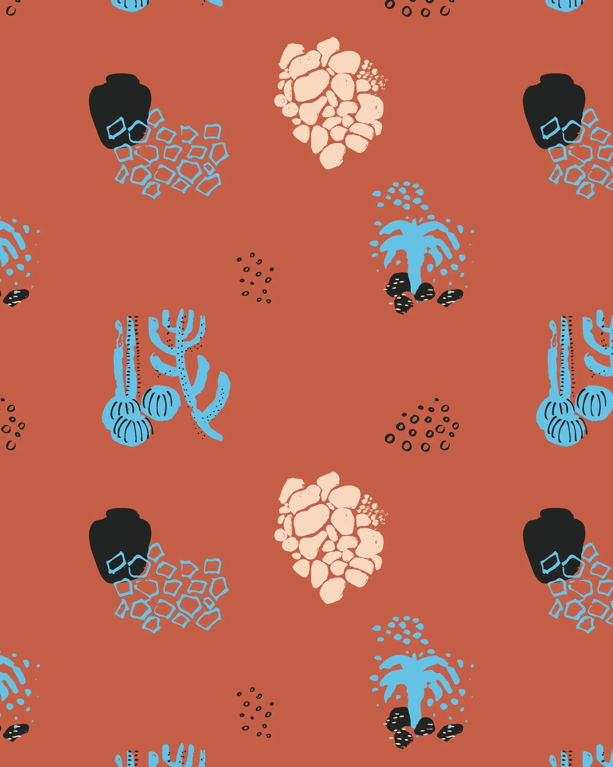 Seamless pattern of volcanic rock piles, terracotta pots, plant motifs, a cactus and succulent pair and scattered specks in cream, black and pale blue, on a warm rust background - Volcanic Garden collection coordinate.