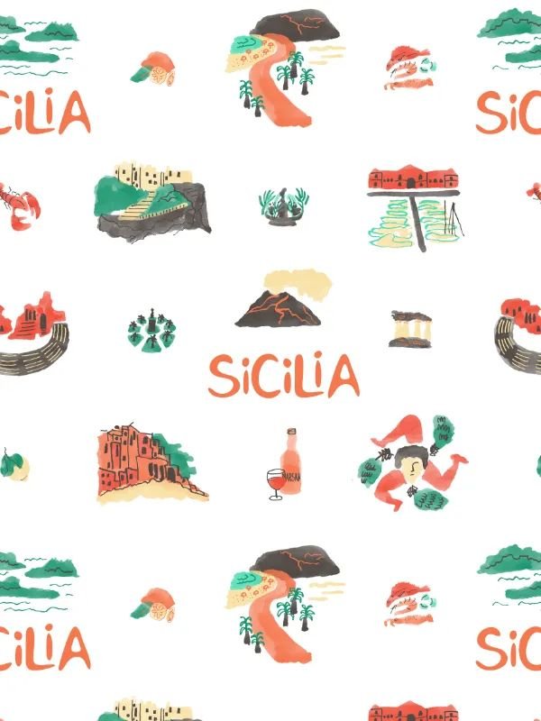 Seamless pattern variation with dense black stripes, red lobsters, shrimp, olive branches, and seashells - graphic rhythm inspired by Sicilian markets.